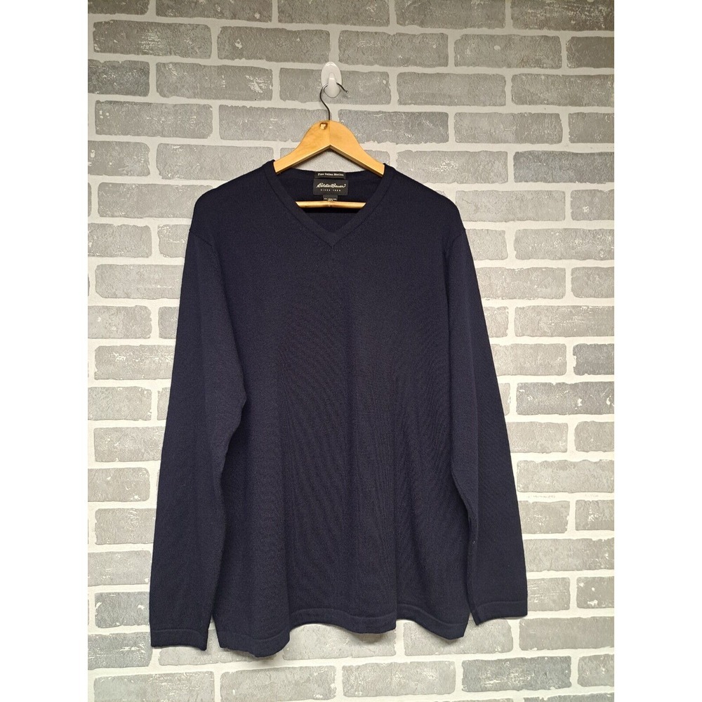Eddie Bauer Mens Navy Fine Italian Merino Wool V-Neck‎ Pull Over Sweater Sz XL